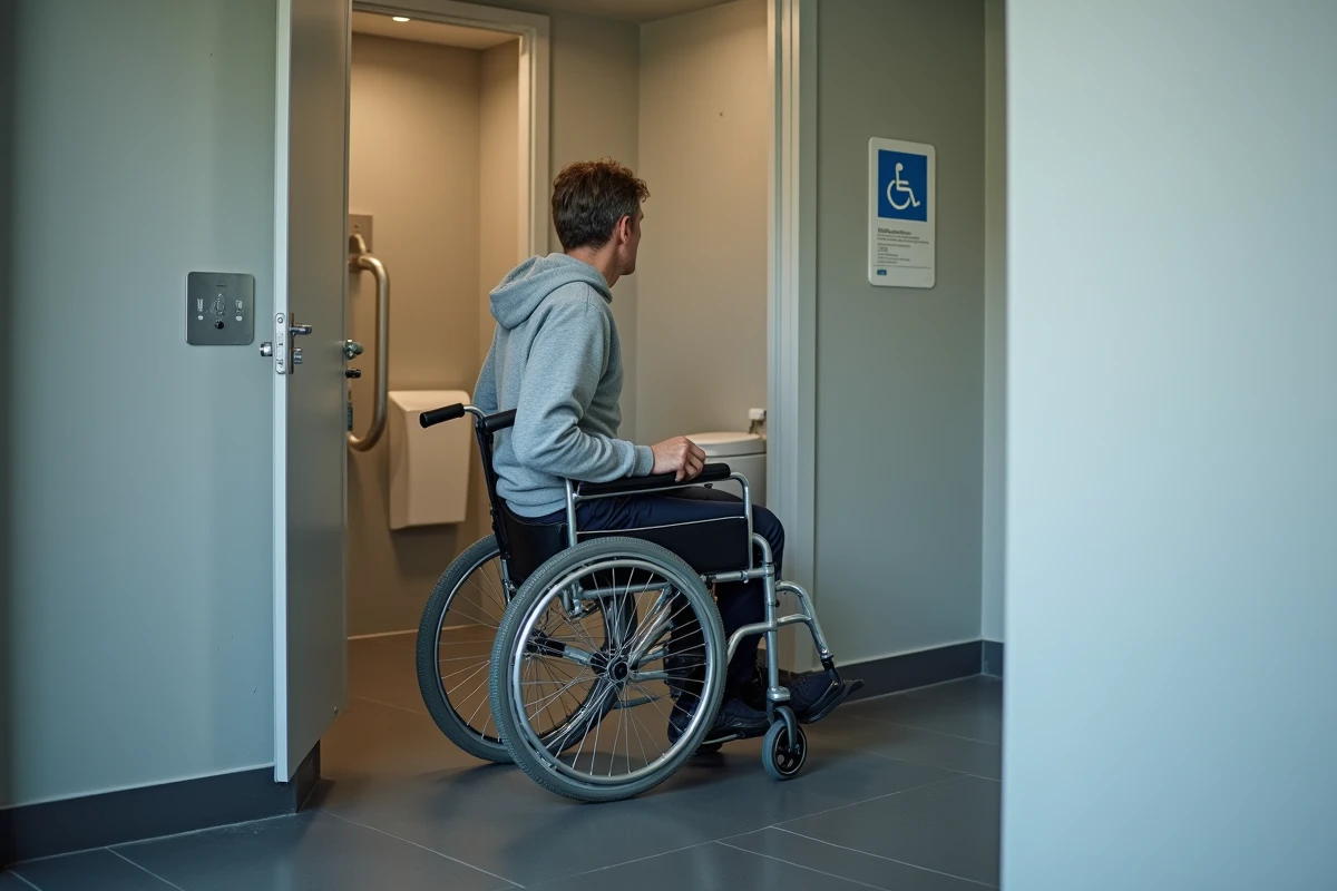 Personne en fauteuil roulant accédant à des toilettes PMR conformes aux normes d'accessibilité dans un bâtiment public