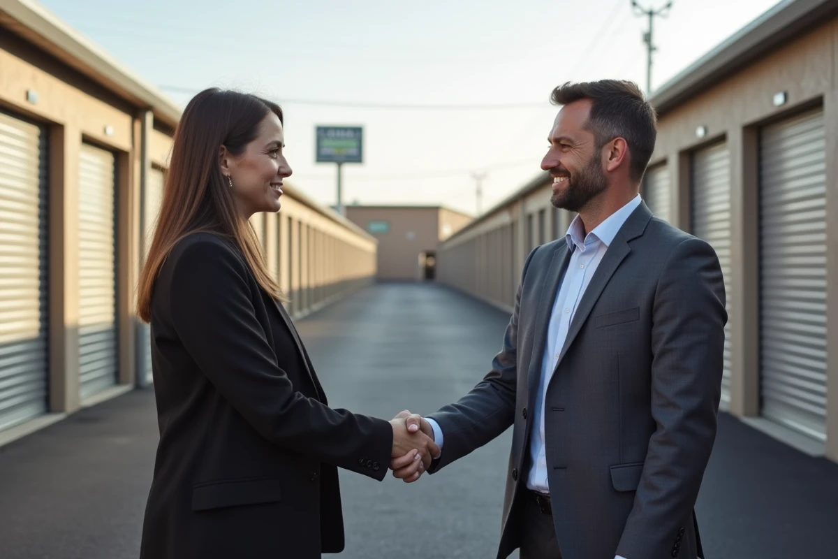 Accord de location d'un espace de stockage entre un propriétaire et un client devant des box de garde-meuble