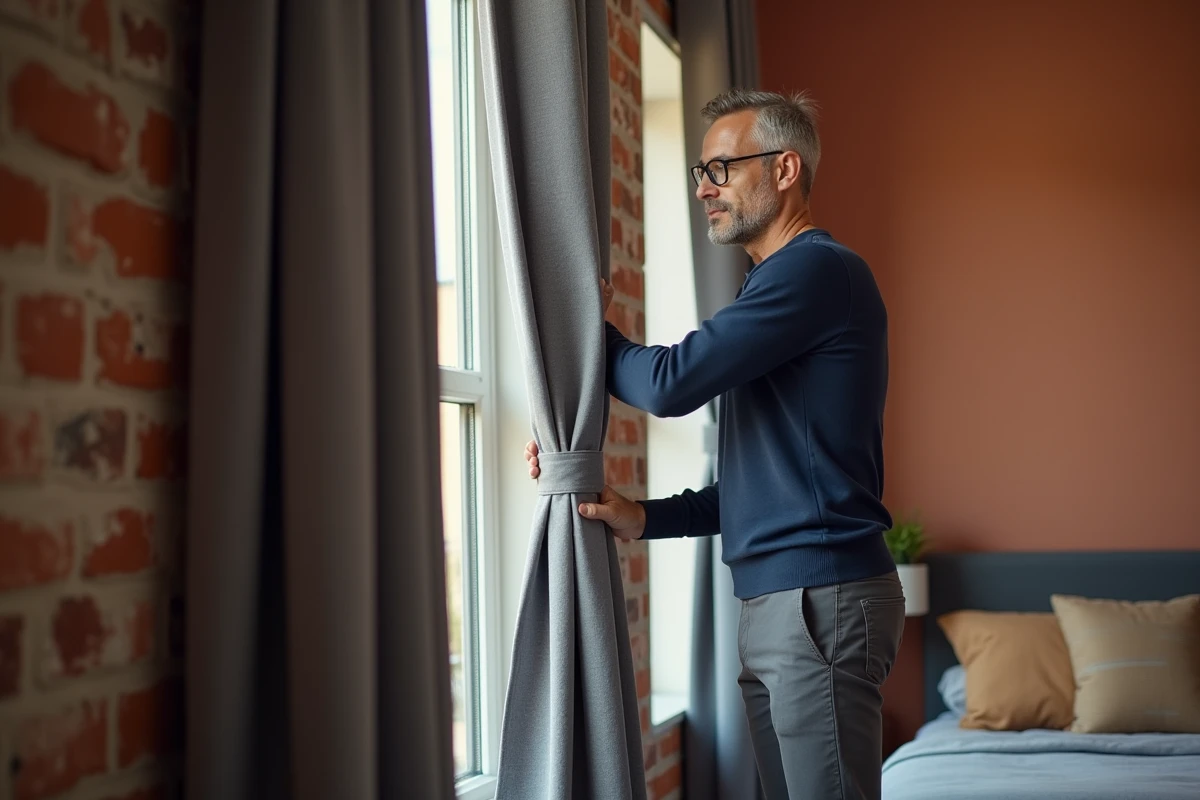 Homme accrochant un rideau occultant épais sur une tringle tension entre deux murs dans une chambre cosy