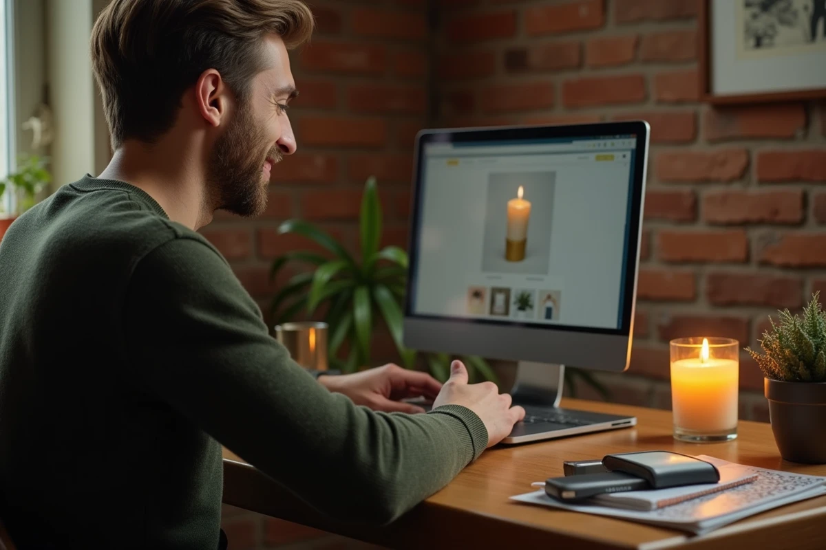Homme achetant des bougies en ligne sur un site e-commerce depuis son bureau à domicile