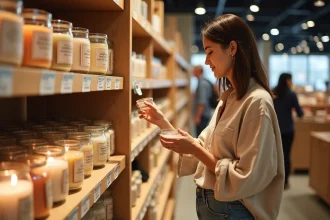 Femme qui choisit une bougie parfumée dans un magasin de décoration maison