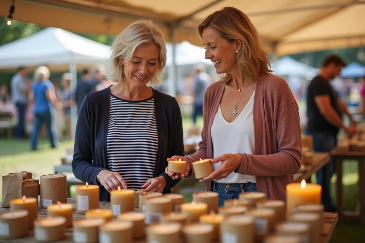 Deux femmes découvrant des bougies artisanales sur un marché de producteurs en plein air