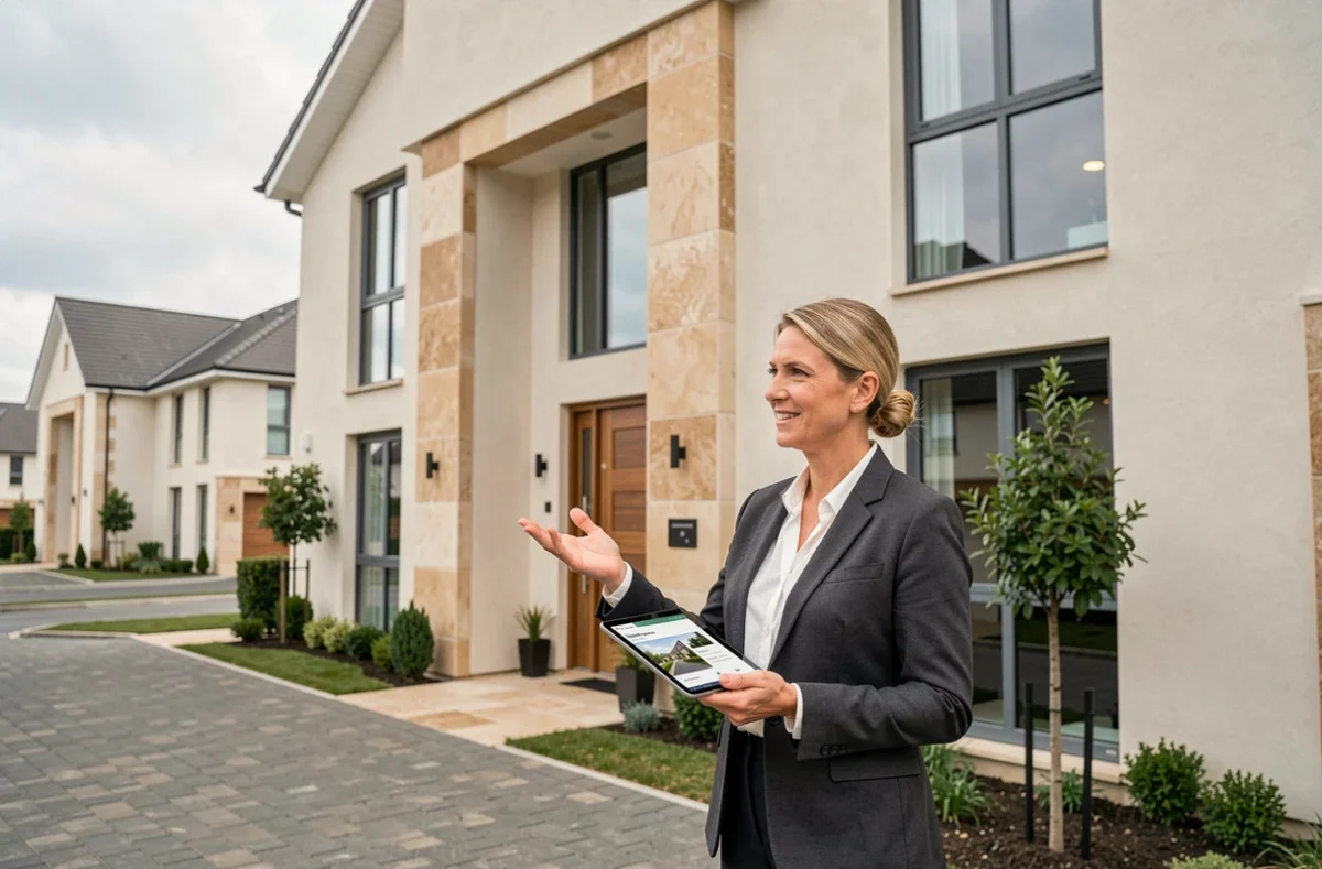 Agent immobilière présentant une maison individuelle commercialisée comme villa dans un quartier pavillonnaire