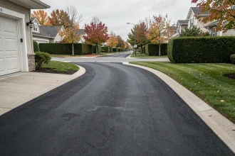 Allée de maison particulière enrobée en noir profond avec finition mate et bordures en béton clair, vue grand angle