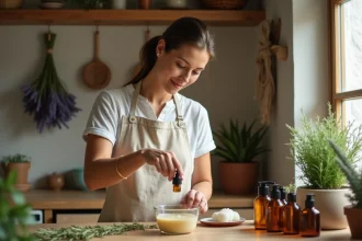 Femme préparant un mélange maison à base d'huile essentielle de romarin comme alternative naturelle à l'huile de neem dans une cuisine rustique