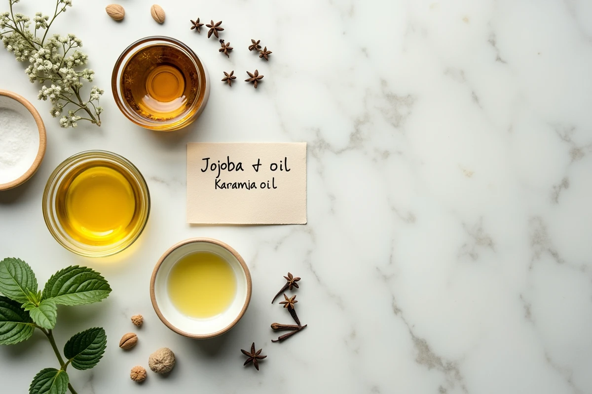 Vue aérienne d'alternatives naturelles à l'huile de neem : huile de jojoba, huile de karanja et huile essentielle de menthe poivrée présentées sur marbre