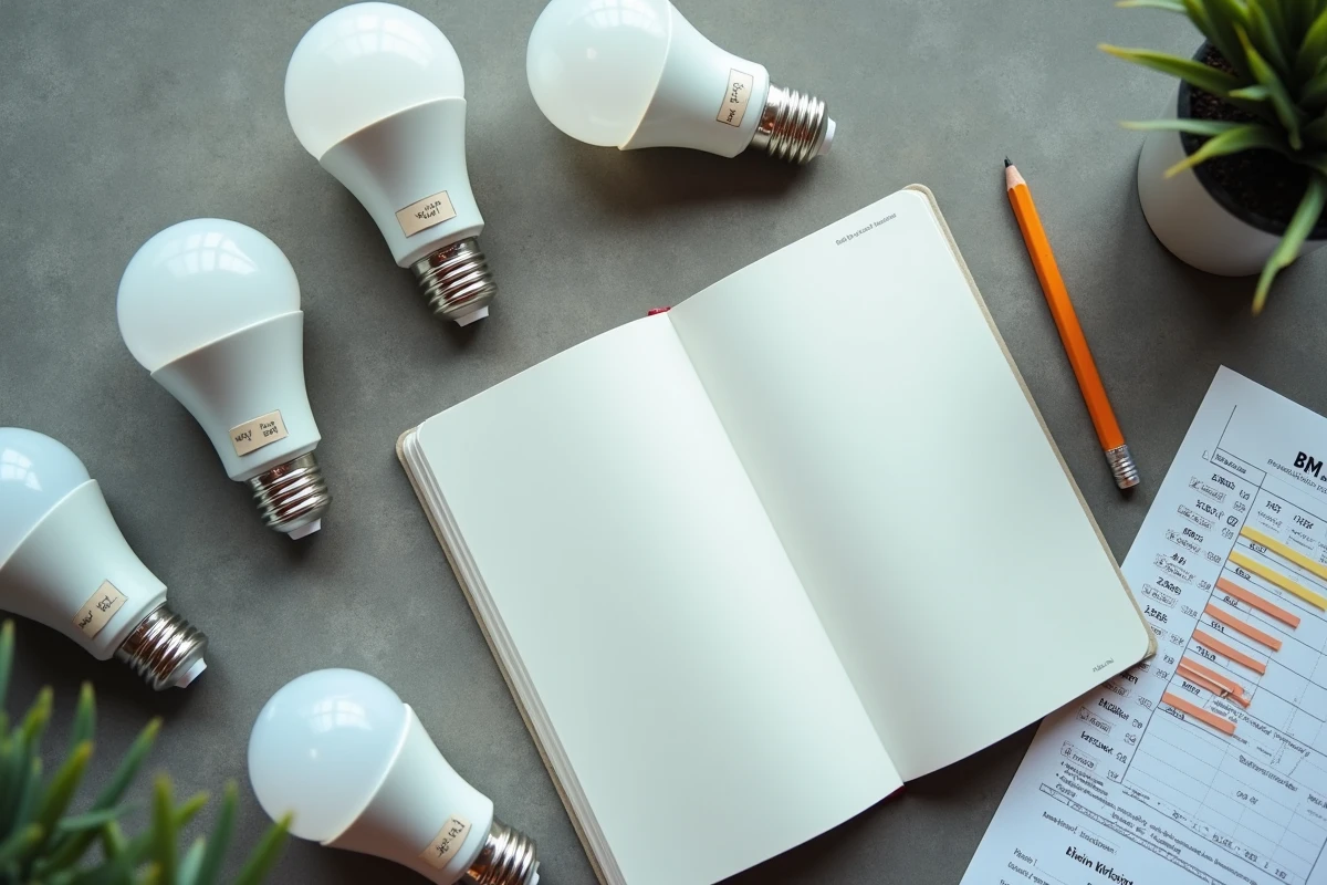 Vue en plongée d'ampoules LED de différentes puissances posées sur béton avec un carnet de notes