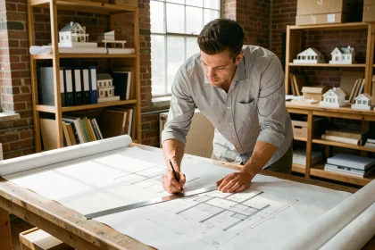 Architecte calculant des mètres cubes sur des plans techniques dans un studio professionnel