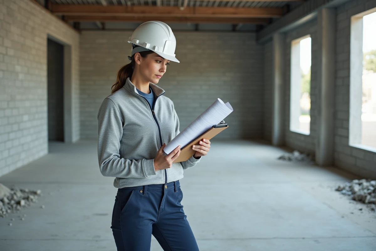 Architecte inspectant une dalle de béton intérieure dans un bâtiment industriel en construction