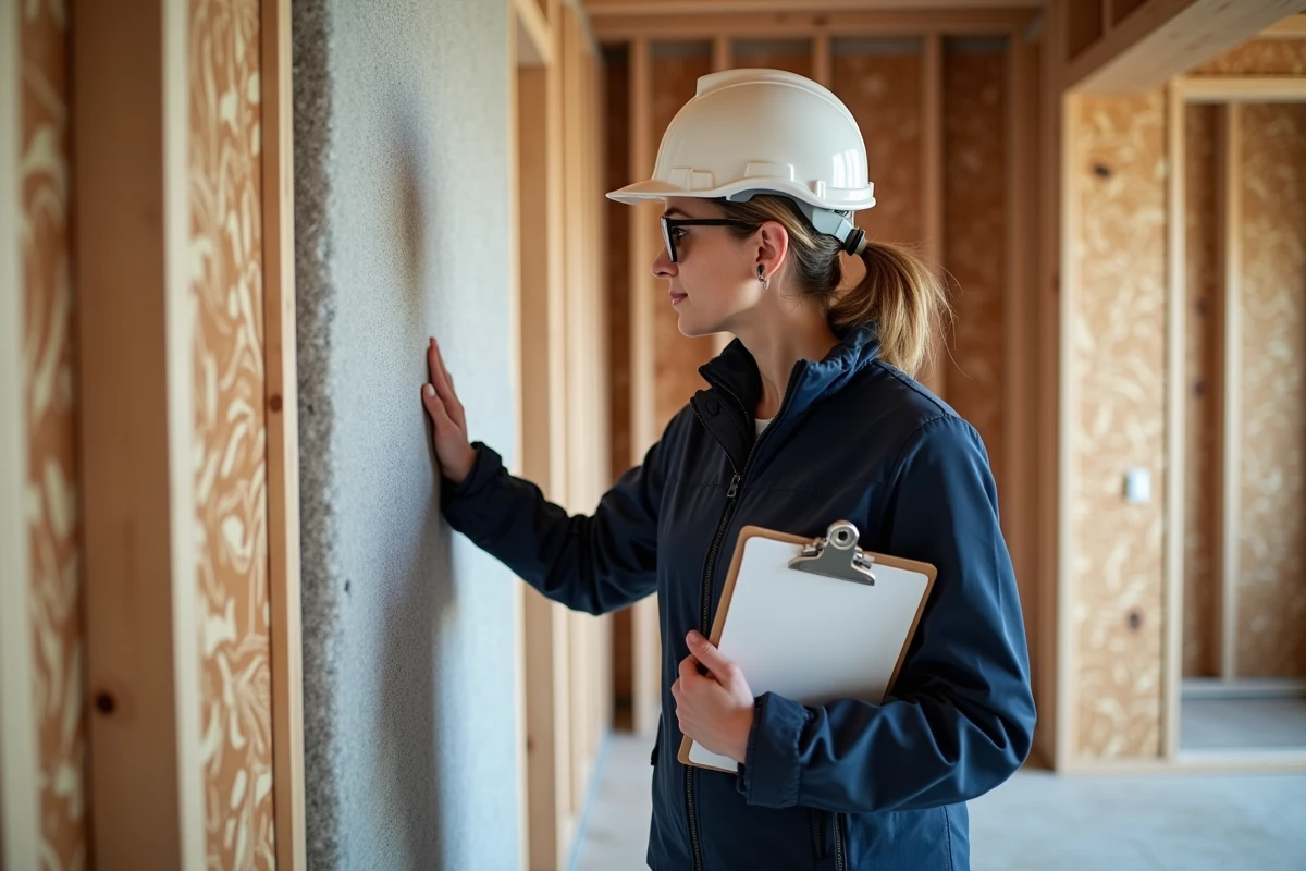 Architecte inspectant des panneaux de ouate de cellulose installés entre les montants d'une ossature bois dans une maison en construction