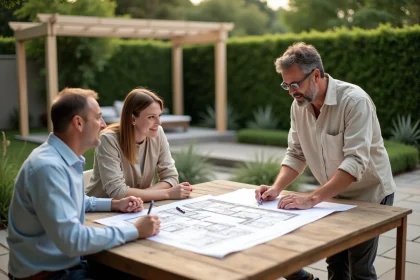 Architecte paysagiste consultant avec des clients autour de plans d'aménagement extérieur dans un jardin résidentiel