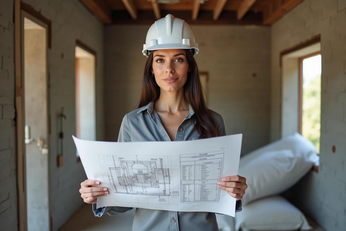 Architecte féminine consultant un plan d'isolation thermique dans un chantier de rénovation intérieure