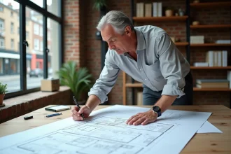Architecte étudiant les plans d'une extension de maison avec les surfaces maximales autorisées