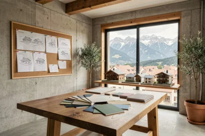 Studio d'architecture d'intérieur en Auvergne-Rhône-Alpes avec plans, échantillons de matériaux et vue sur les Alpes