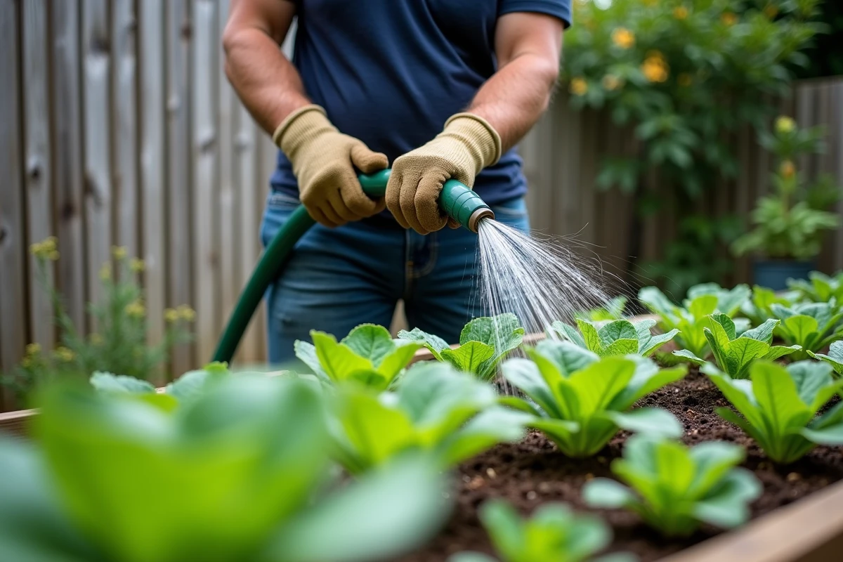 Homme arrosant des courgettes et de la laitue dans un carré potager surélevé