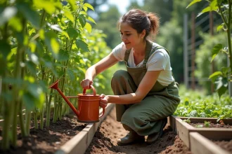 Femme arrosant des plants de tomates dans un potager avec un arrosoir en terre cuite