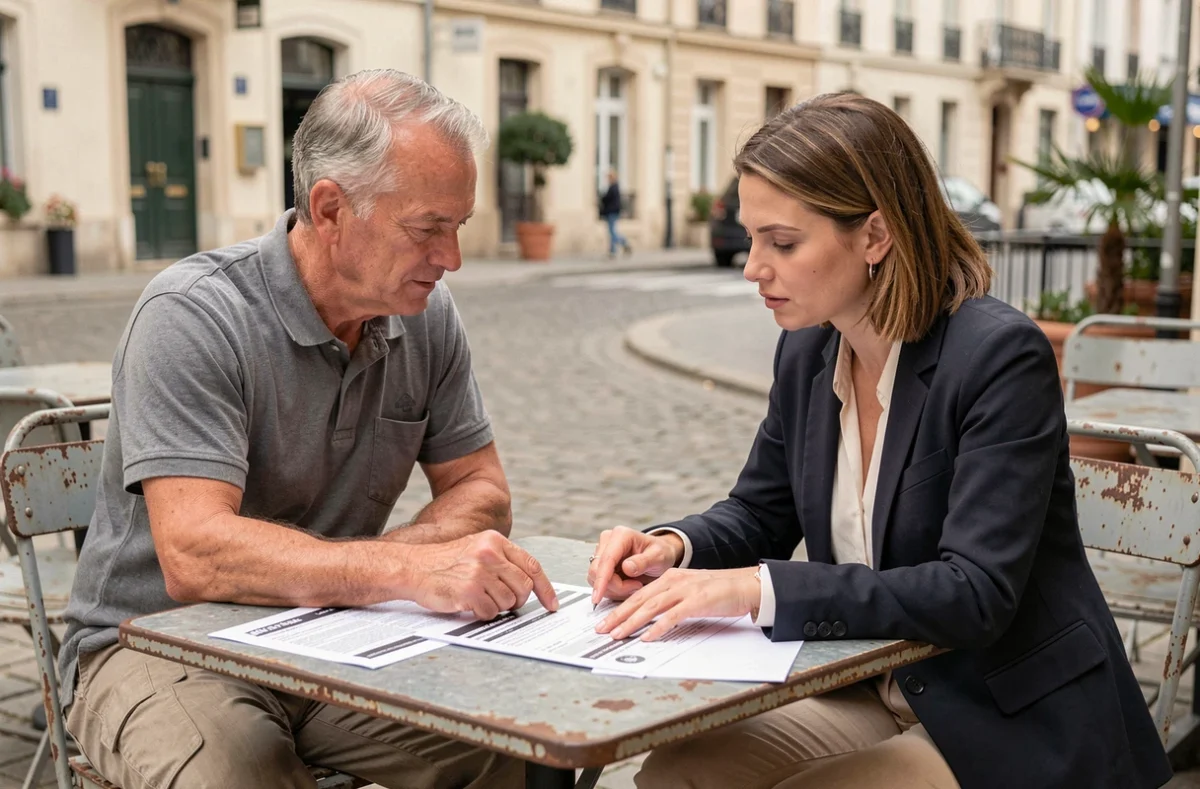 Un artisan et sa cliente discutant d'un devis de travaux de rénovation autour d'une table en terrasse urbaine