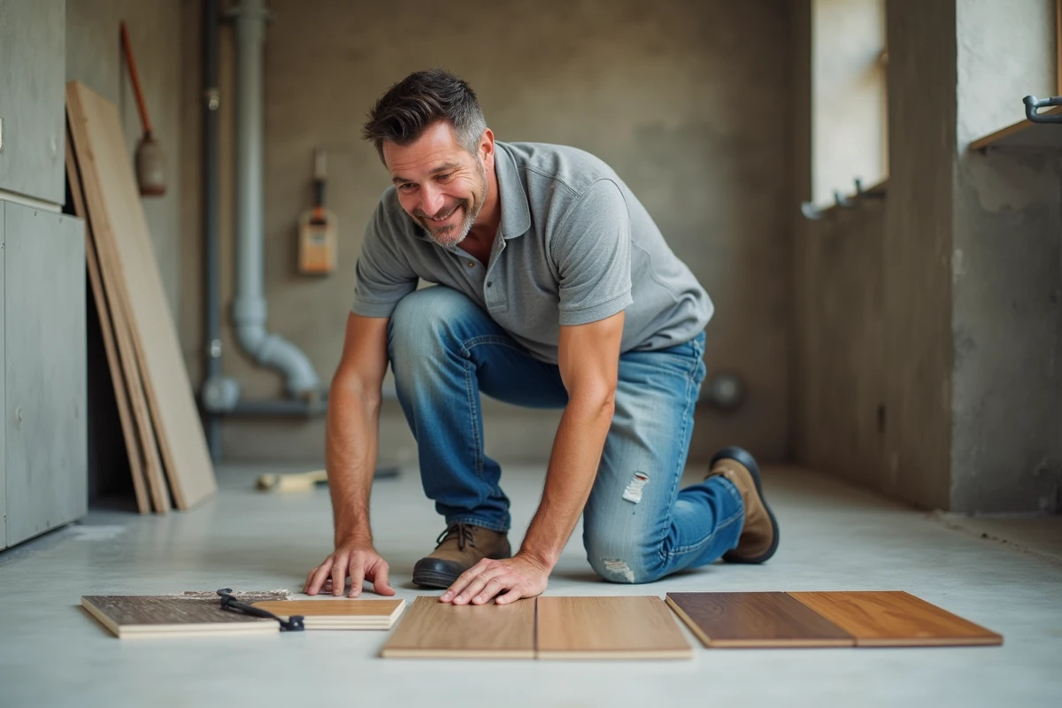 Artisan carreleur comparant des échantillons de parquet et de carrelage sur un chantier de rénovation