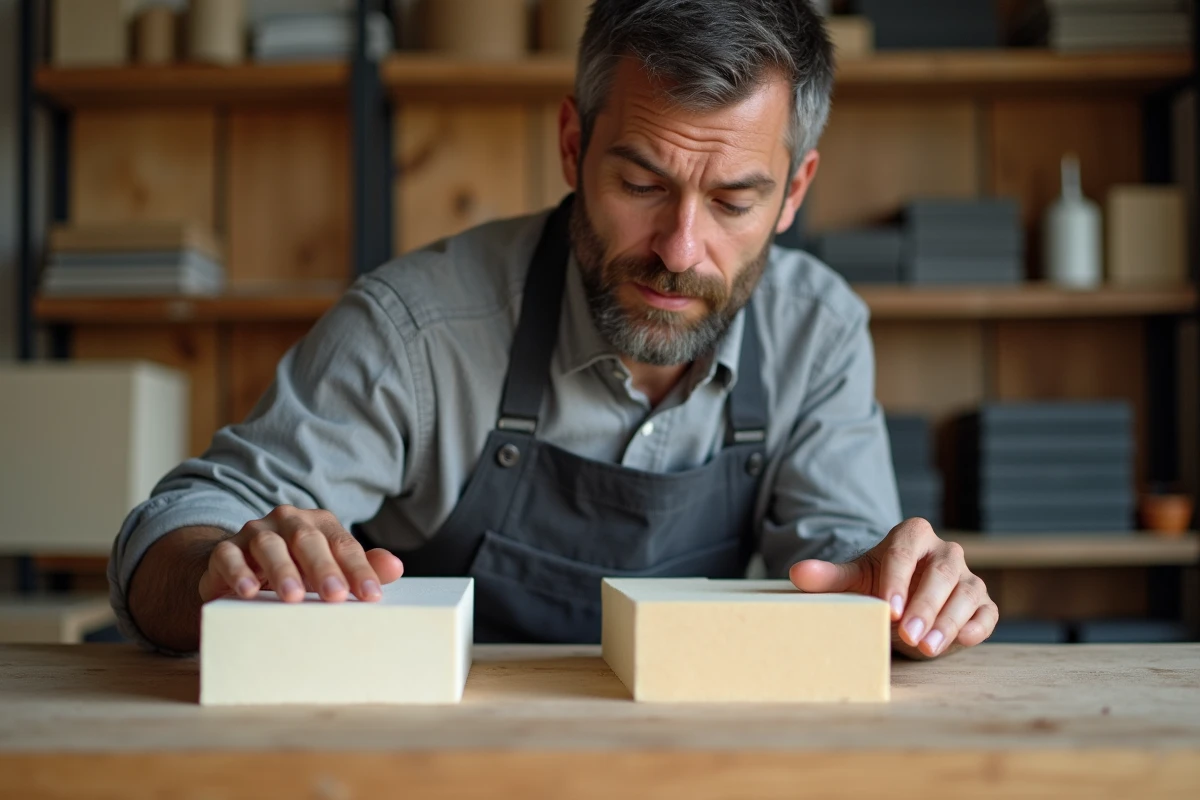 Artisan tapissier comparant deux types de mousse pour rembourrage de chaise de salle à manger dans un atelier professionnel