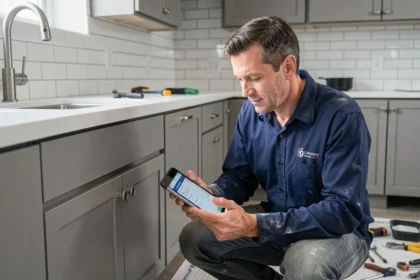 Artisan plombier professionnel vérifiant son travail sur une tablette dans une cuisine rénovée moderne