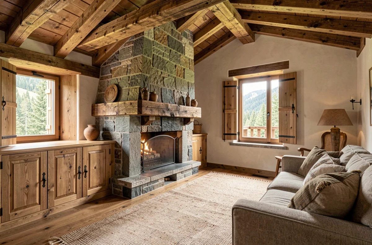 Intérieur de chalet alpin avec poutres en bois, cheminée en pierre et menuiseries artisanales par Les Artisans des Allobroges