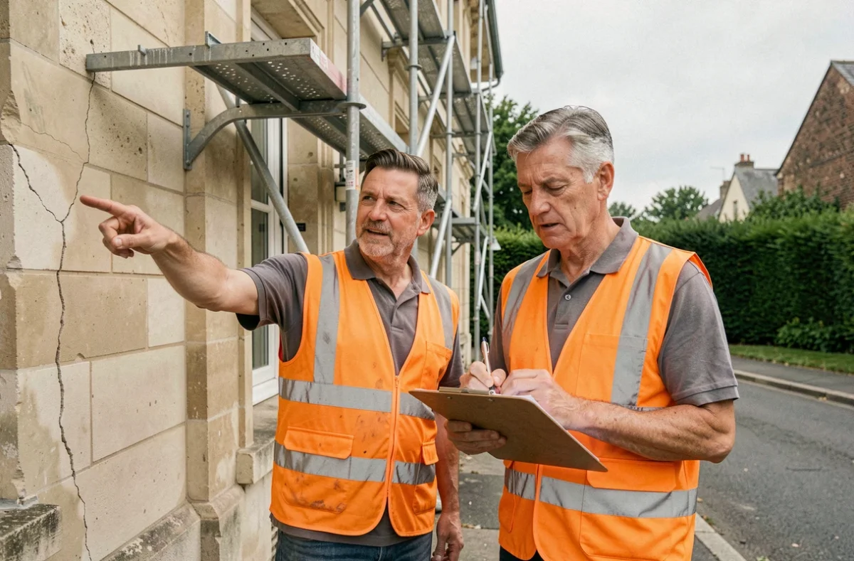 Deux artisans en gilet de sécurité inspectant la façade d'une maison résidentielle avant travaux