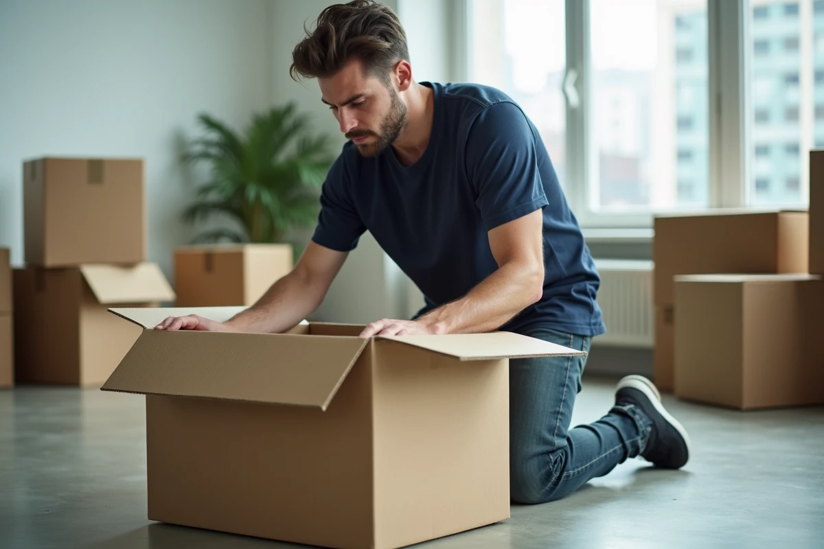Jeune homme assemblant un carton standard lors d'un déménagement dans un appartement