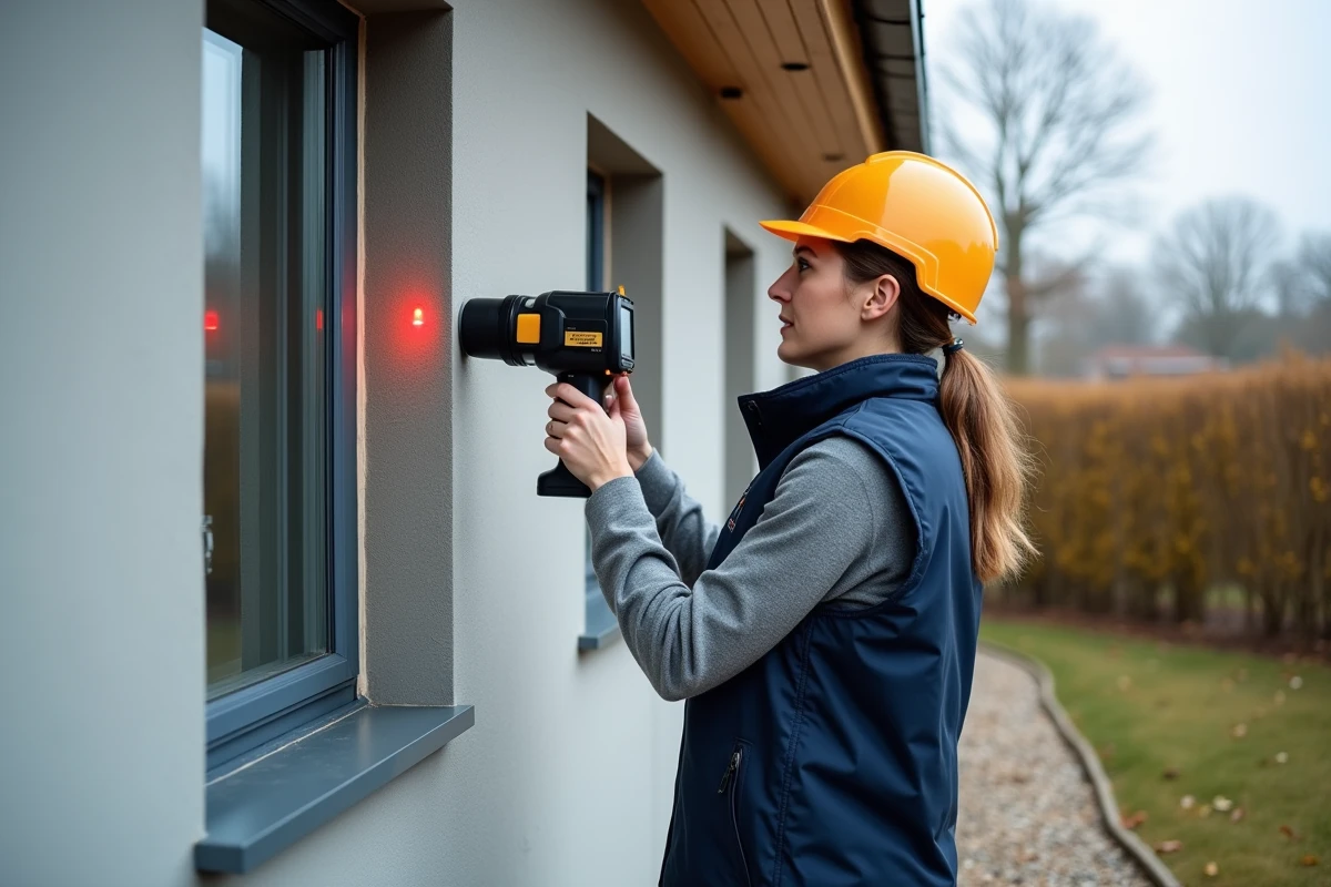 Auditrice énergétique analysant un pont thermique autour d'un cadre de fenêtre sur une façade extérieure isolée