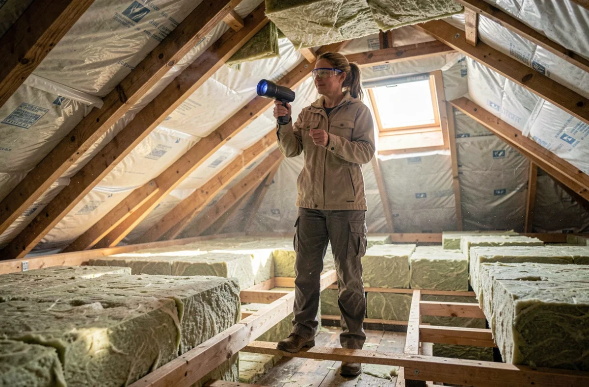 Auditrice énergétique utilisant une caméra thermique pour contrôler l'isolation de combles avec laine de verre, norme effi 65
