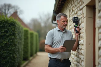 Auditeur énergétique professionnel réalisant un bilan énergétique sur une maison en pierre avec une caméra thermique