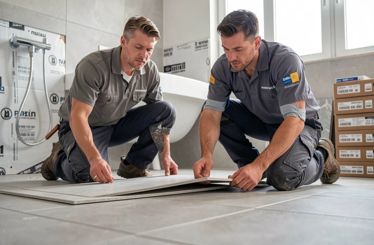 Ouvriers d'Azur Rénovation posant du carrelage dans un appartement marseillais en travaux