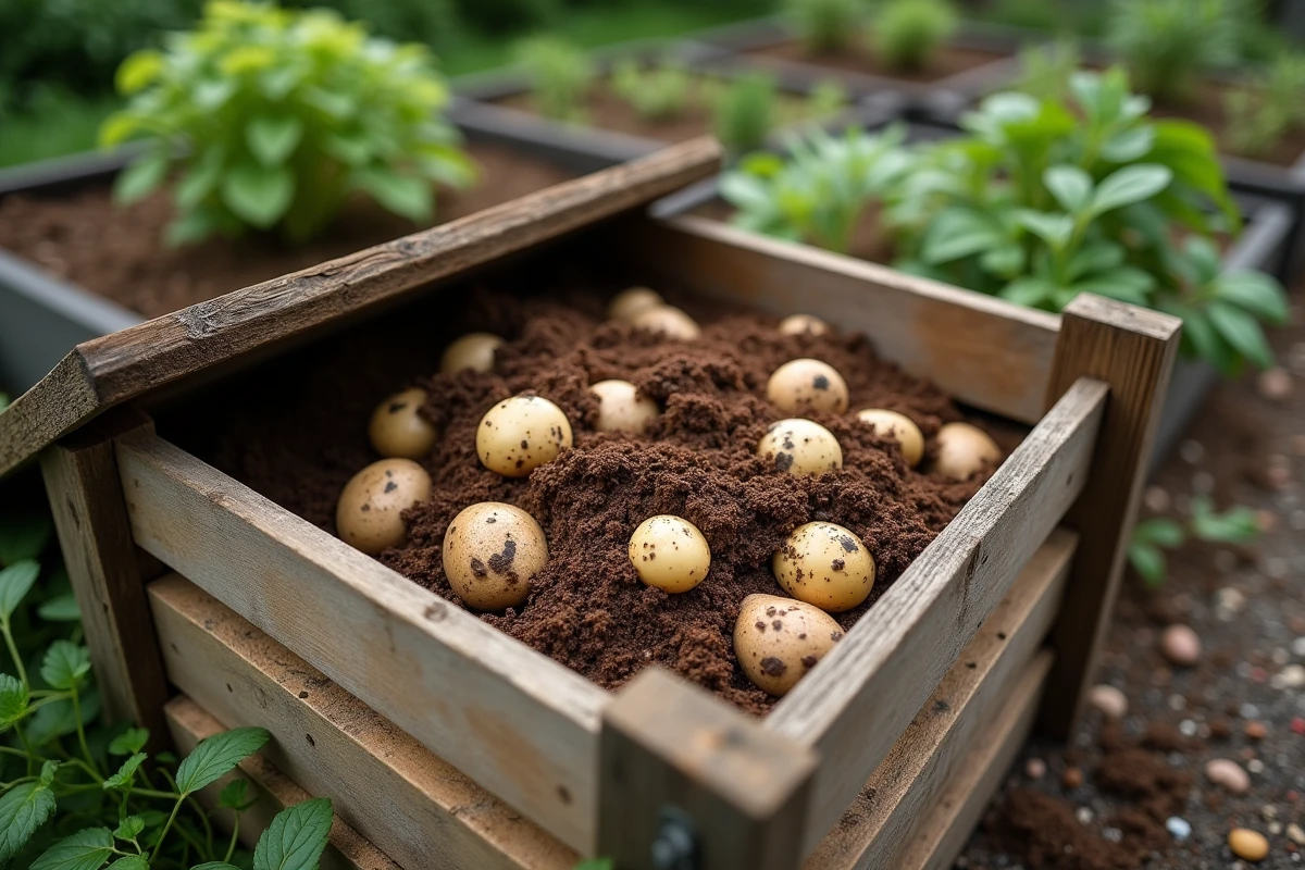 Bac à compost en bois rempli de pommes de terre pourries et de déchets organiques dans un potager