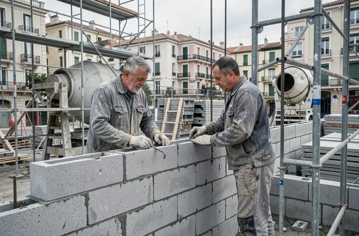 Maçons de Bâti Phocéen réalisant des travaux de gros œuvre sur un chantier marseillais