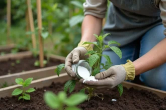 Femme jardinière qui saupoudre du bicarbonate de soude au pied d'un plant de tomates dans un potager en plein air