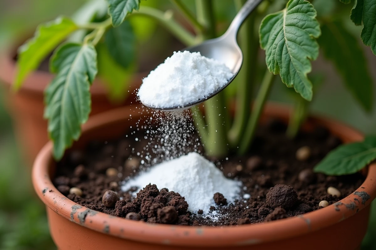 Gros plan de bicarbonate de soude versé depuis une cuillère sur la terre au pied d'un plant de tomates au potager