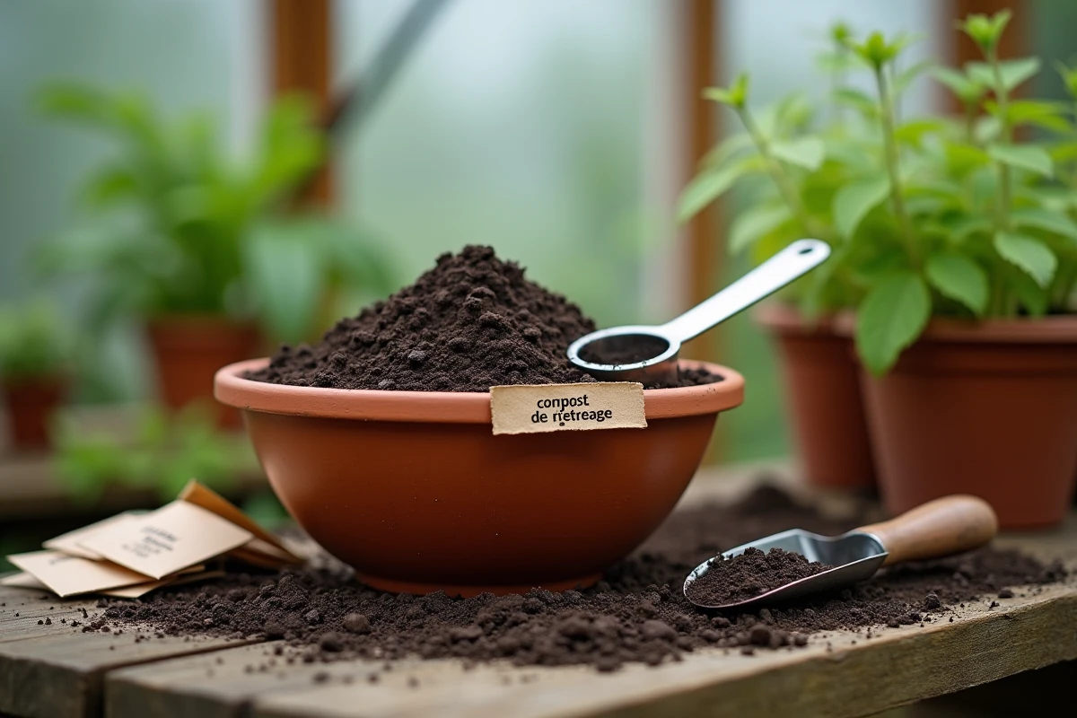 Bol de compost de démarrage avec une cuillère doseuse sur un établi de jardinage en bois