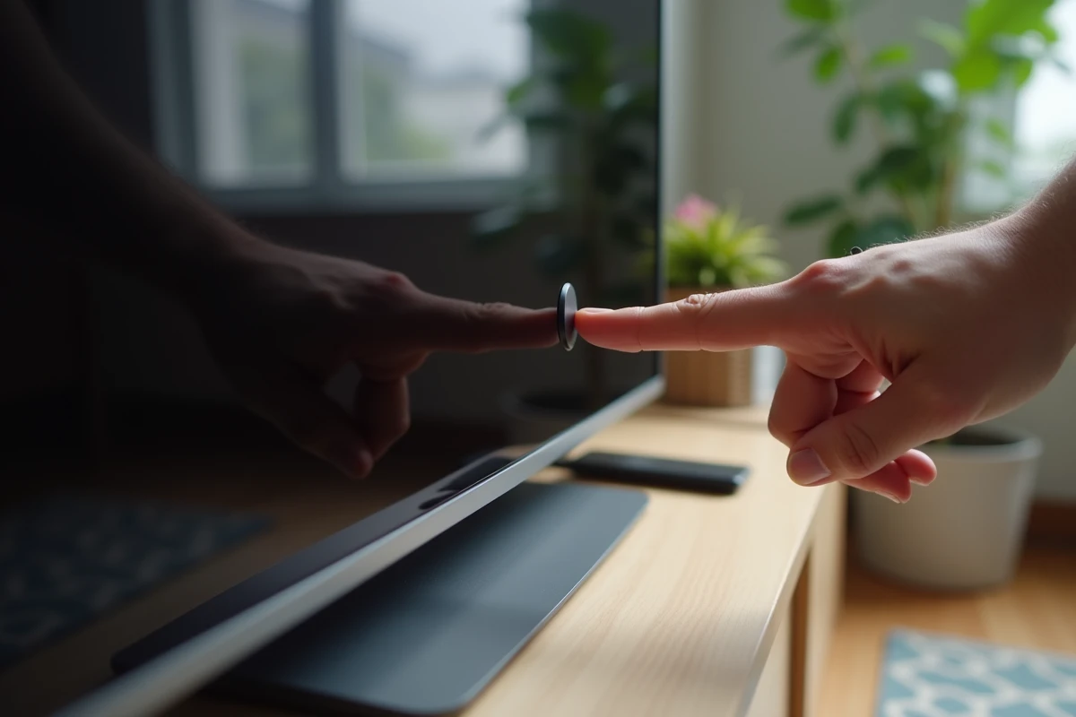 Doigt appuyant sur le bouton d'extinction d'une télévision moderne dans un salon bien rangé