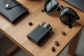Briquet élégant posé sur une surface en bois avec un portefeuille en cuir et des lunettes de soleil, style look premium à petit prix
