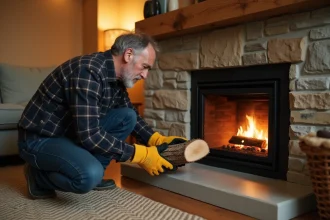 Homme tenant une bûche de bois devant un foyer au gaz moderne encastré dans un mur en pierre, illustrant les risques de brûler du bois dans un insert à gaz