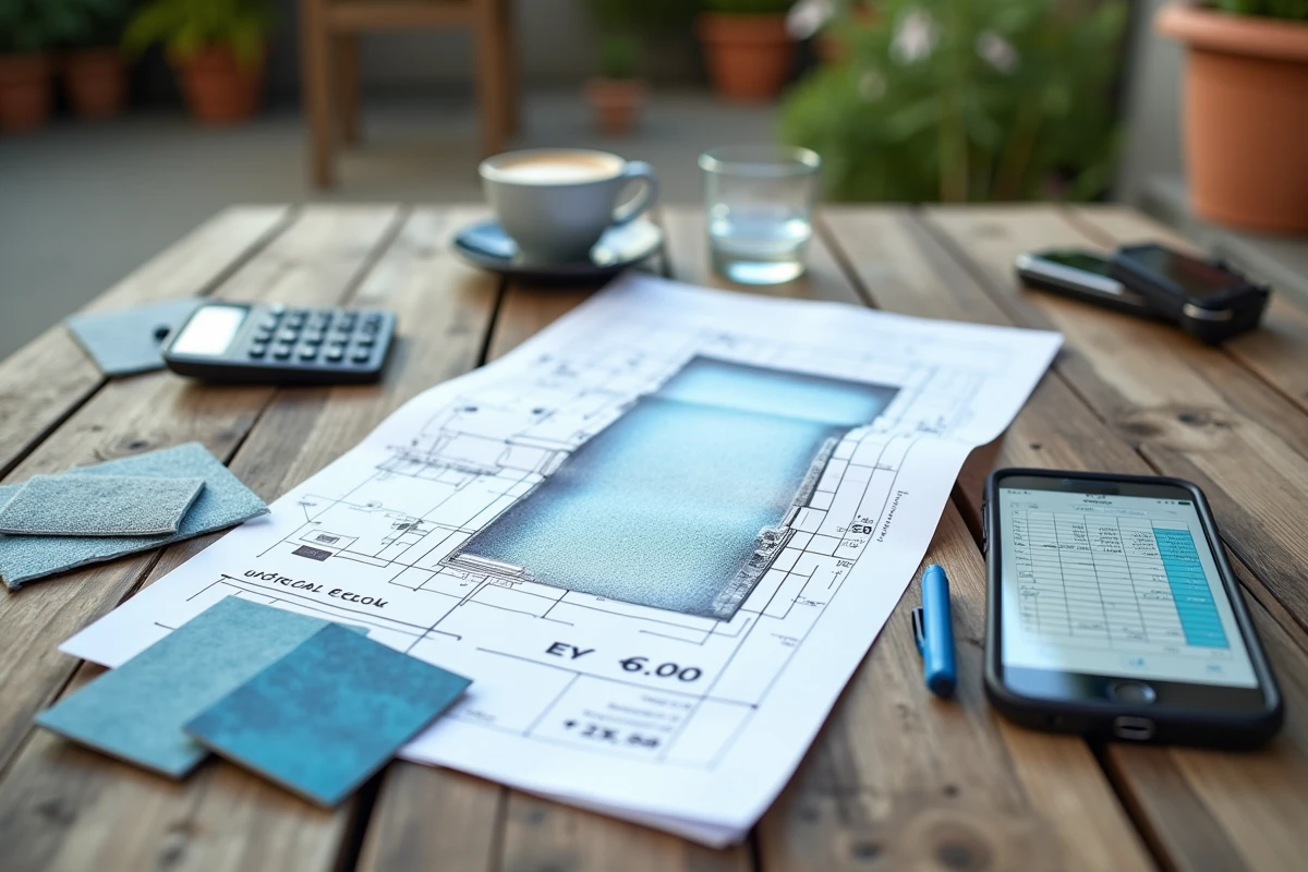 Documents de planification budgétaire pour une piscine creusée sur une table en teck avec échantillons de carrelage, calculatrice et devis manuscrit