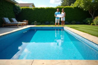 Couple de propriétaires examinant les plans de leur piscine creusée rectangulaire en carrelage bleu dans un jardin aménagé avec dallage en travertin