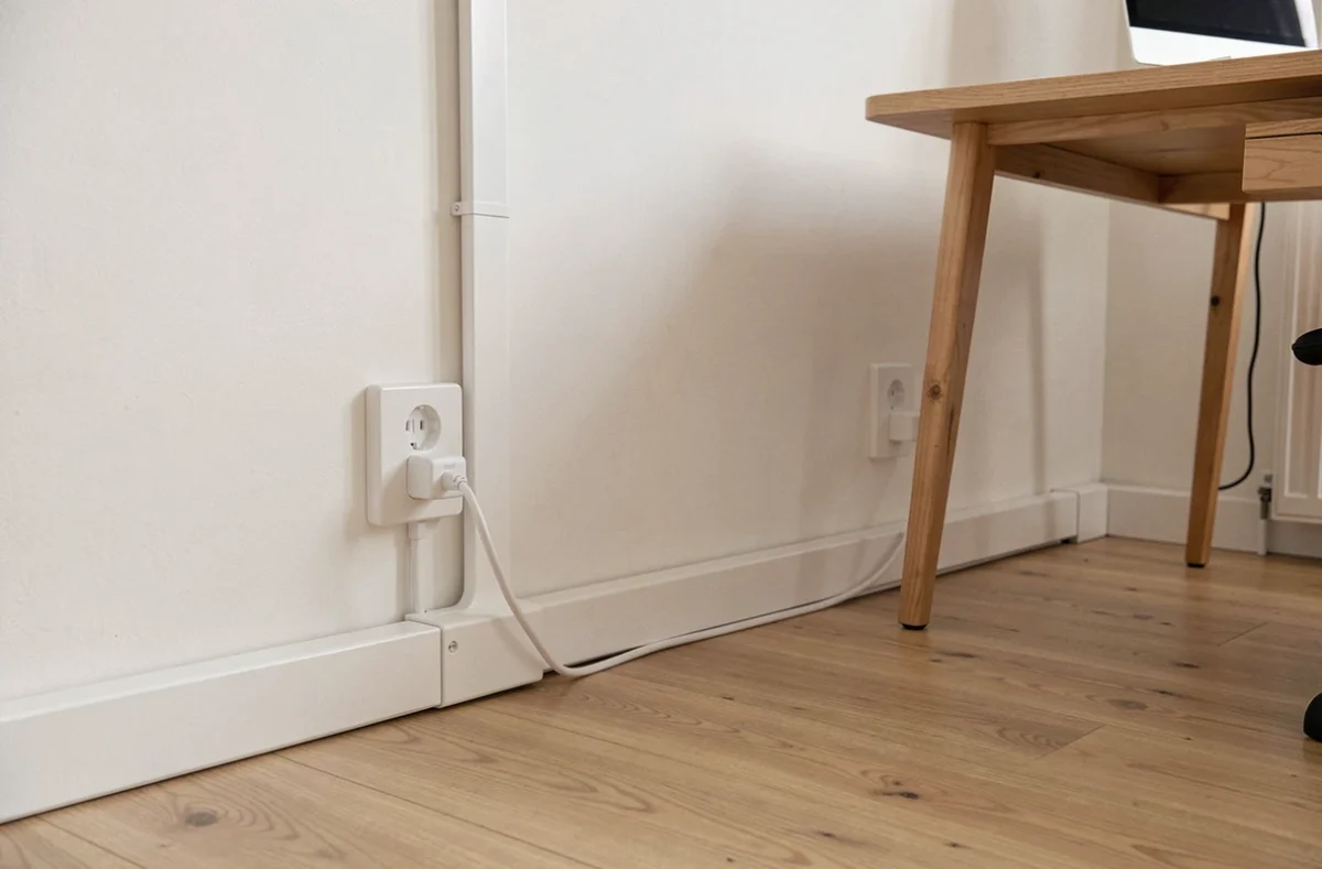 Bureau à domicile avec goulotte électrique en plinthe intégrant des prises électriques installées selon les normes