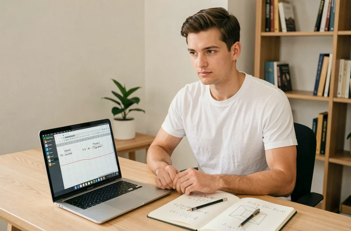 Jeune homme calculant des mètres cubes sur un ordinateur portable avec des formules dans un carnet à son bureau