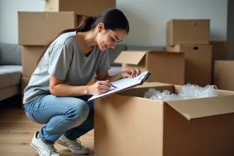 Femme mesurant une boîte de déménagement avec un mètre ruban dans un salon encombré de cartons