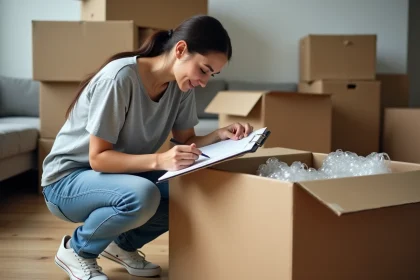 Femme mesurant une boîte de déménagement avec un mètre ruban dans un salon encombré de cartons