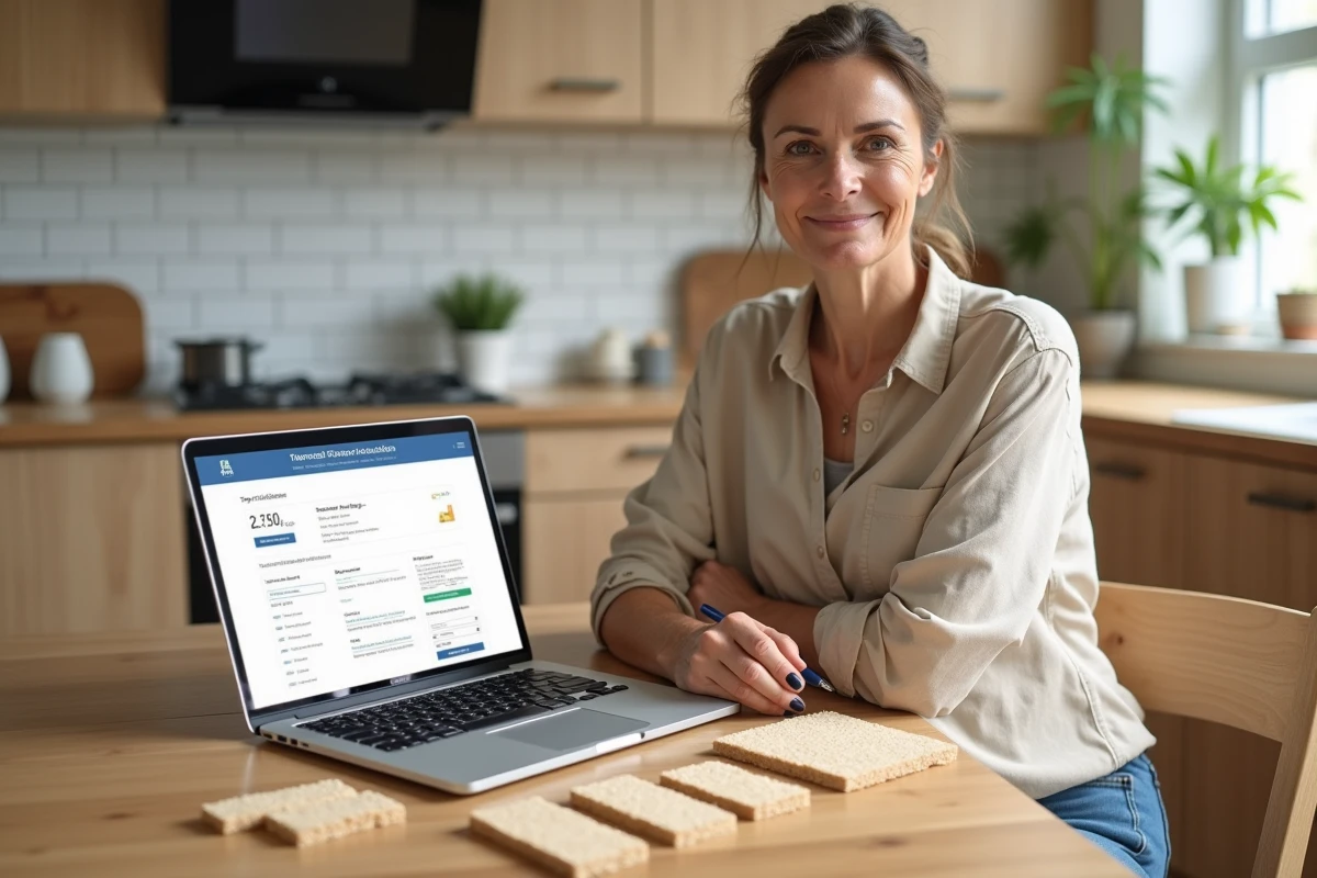 Femme comparant des échantillons d'isolant fibre de bois de différentes épaisseurs avec une calculette en ligne sur ordinateur portable