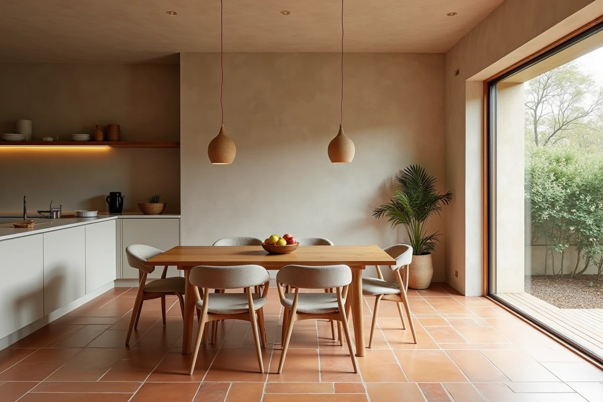 Cuisine salle à manger avec carrelage en terre cuite naturelle et murs en chaux, illustrant les revêtements de sol écologiques et sains pour la maison