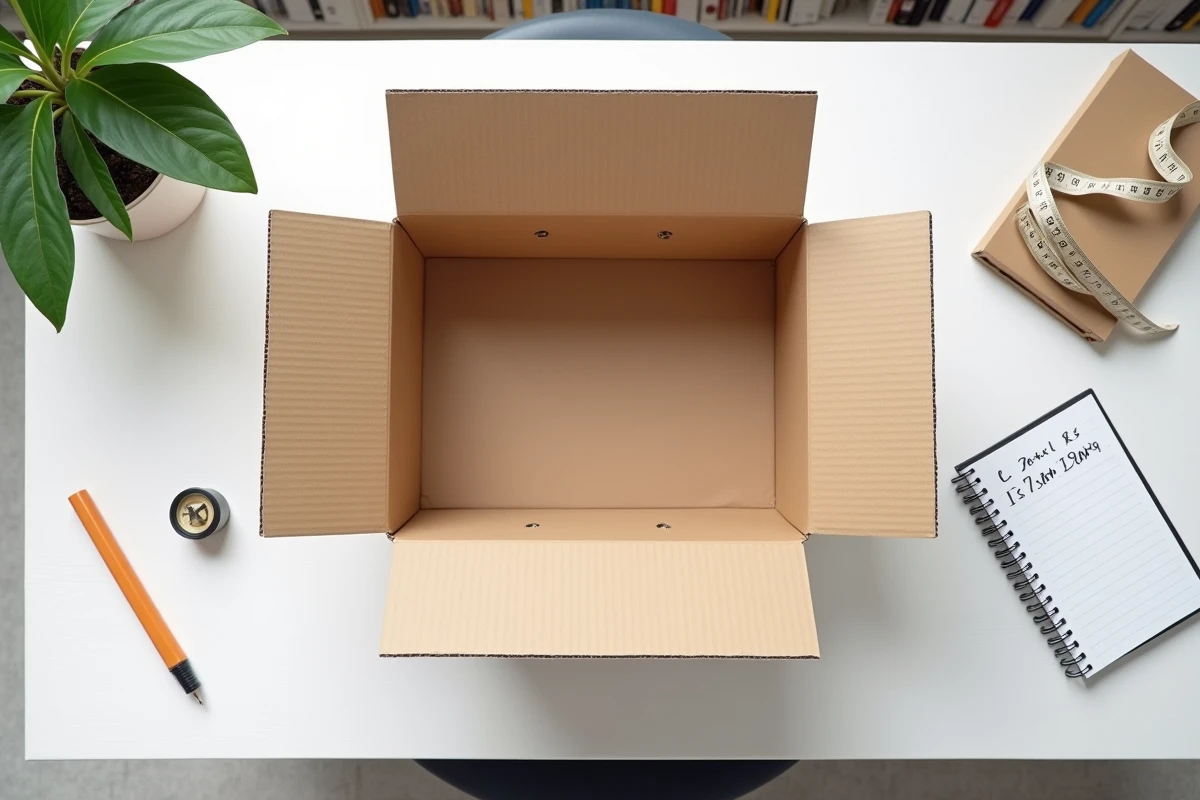 Vue de dessus d'un carton ouvert avec ruban à mesurer et dimensions notées
