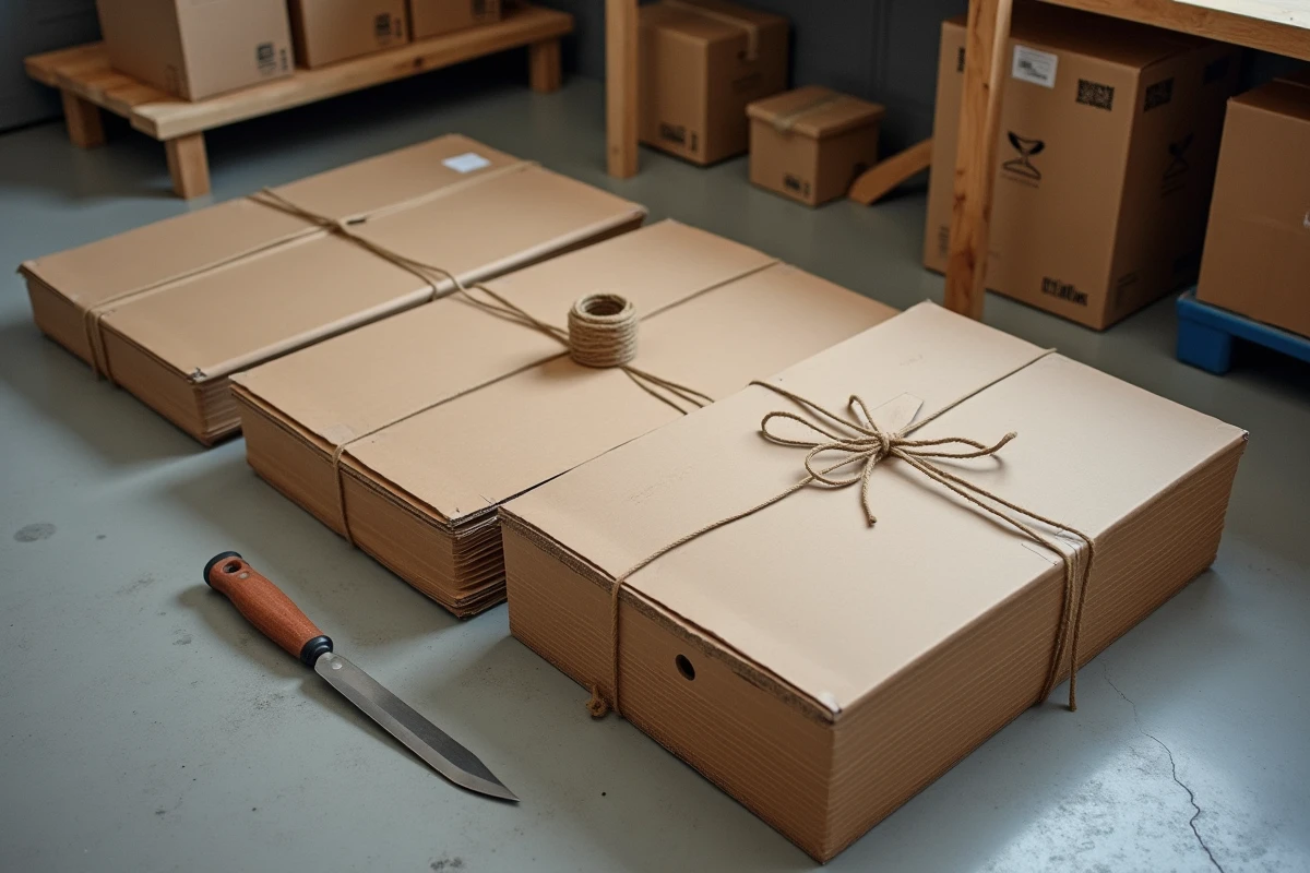 Grands cartons aplatis et ficelés avec de la ficelle sur le sol d'un garage, prêts à être jetés