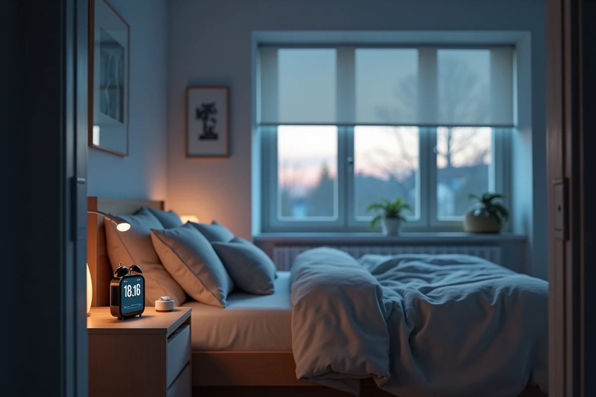 Chambre connectée avec volets automatisés, capteur de qualité d'air et appareils domotiques sur table de chevet